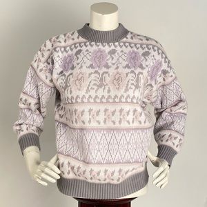 Jonathan Cass Vintage Mock Neck Knit Sweater Sz L Geometrical Floral Print
